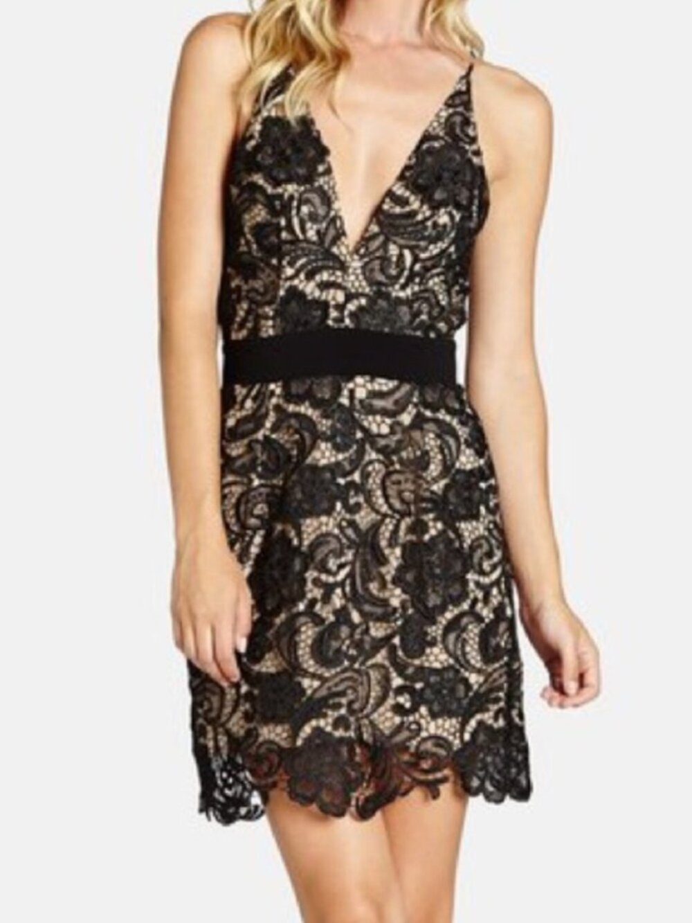 Dress the Population Ava Lace Dress | Black/Nude | Medium